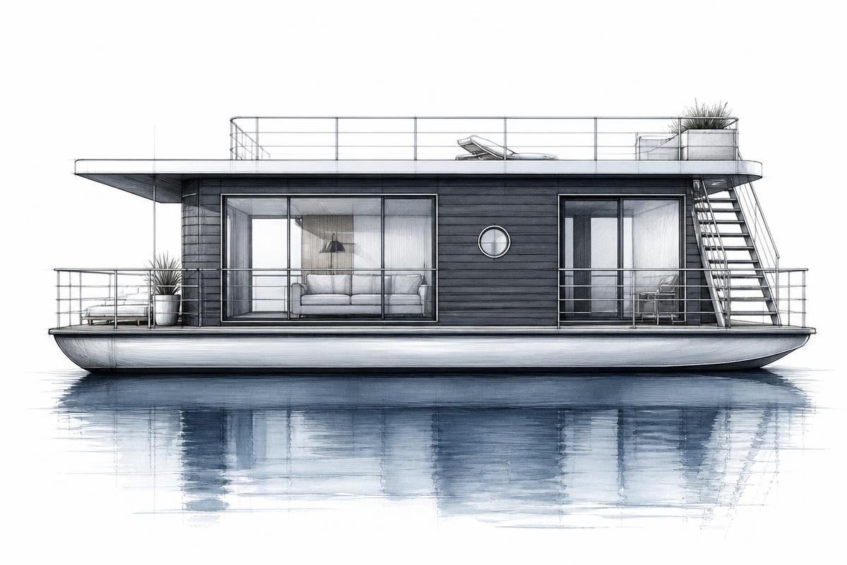Schets van een moderne DL-Boats houseboat op het water